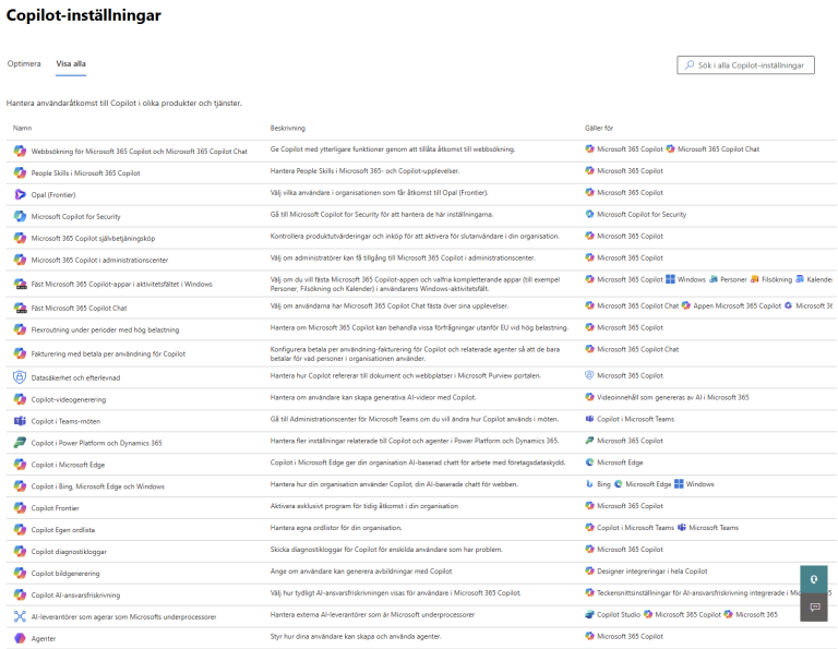 Alla inställningar i Copilot