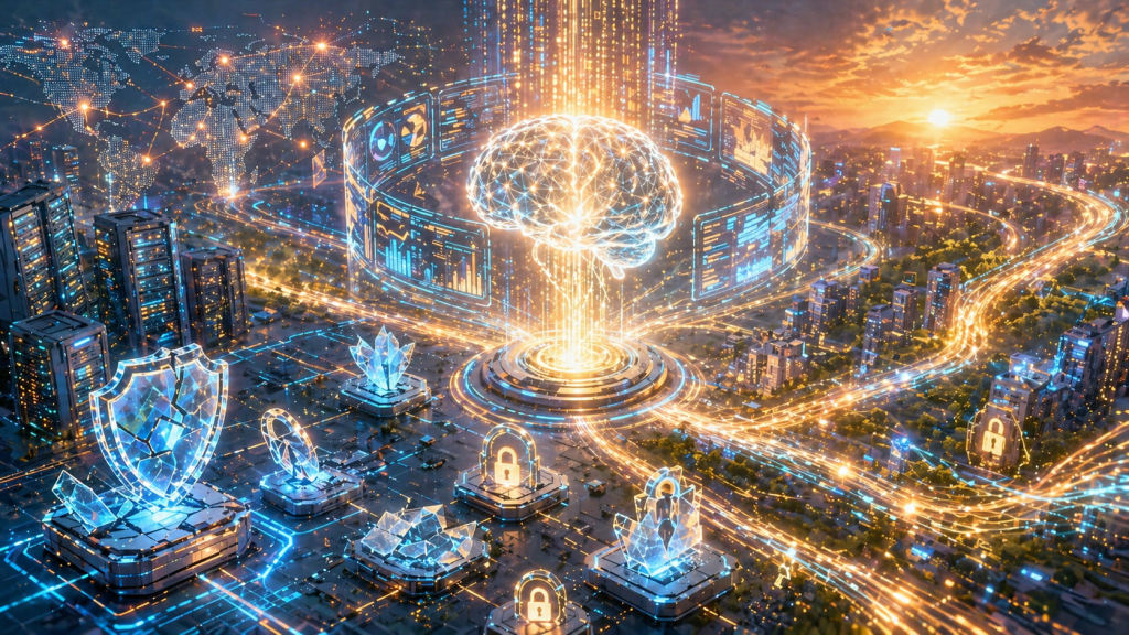 Futuristic digital metropolis at sunrise